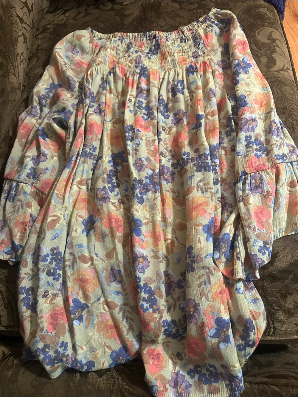 Smocked Off-Shoulder Floral Blouse in Blue and Pink